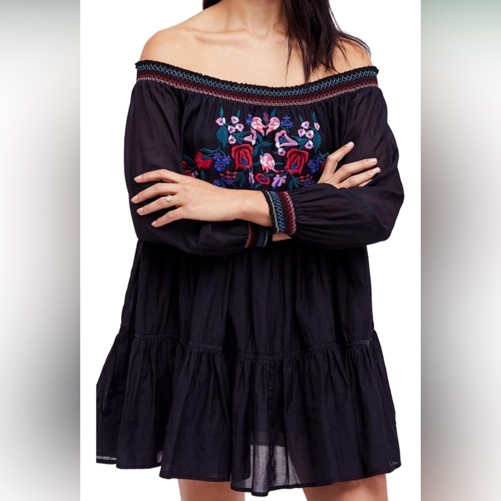 Free People Sun Beams Black Mini Dress with Floral Embroidery